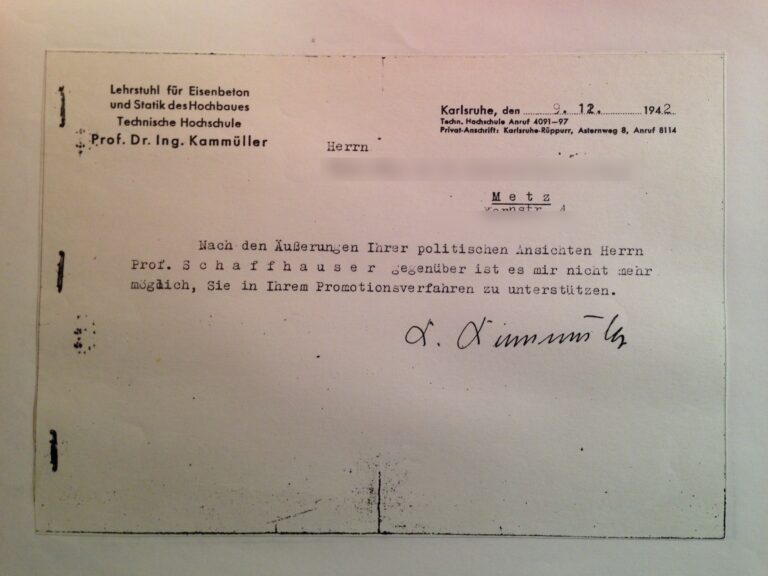 Généalogiste à Metz : vos recherches aux archives de la Moselle 3 Extrait d'une correspondance d'archives de 1942 étudiée lors d'une recherche généalogique à Metz (éléments identifiants floutés)