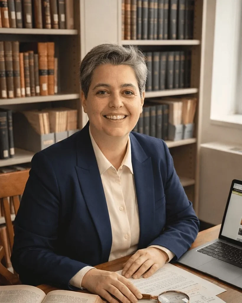 Hiring a Genealogist in France From Abroad: How It Works, Prices and Timeline 2 Stéphanie Perrin, professional genealogist trained at IFFG, at her desk among archives — Moselle, Lorraine, France