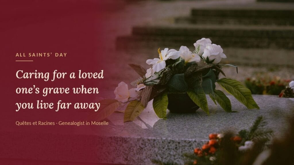 White flowers laid on a clean granite grave, grave care for All Saints’ Day