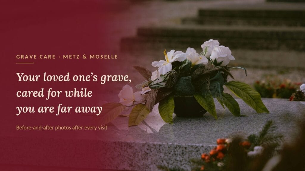 Grave Care in Metz and Moselle: Cleaning and Flowers With Photos 2 White flowers on a clean granite grave in a cemetery near Metz, France