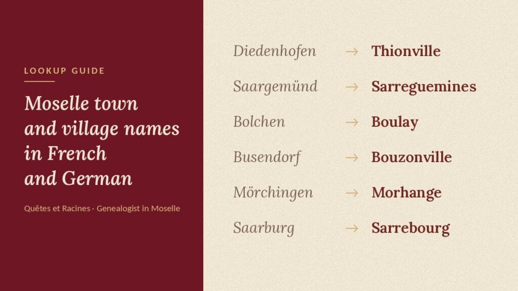 Moselle Town and Village Names in French and German: A Lookup Guide 2 German and French names of Moselle towns: Diedenhofen is Thionville, Saargemünd is Sarreguemines, Bolchen is Boulay