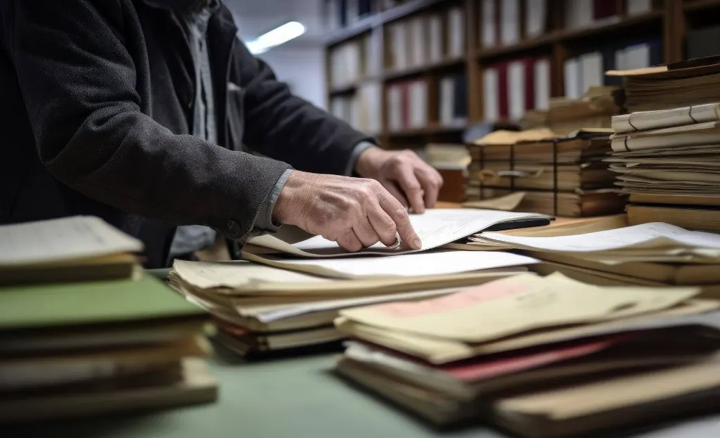 Mains feuilletant de vieux registres et dossiers d’archives