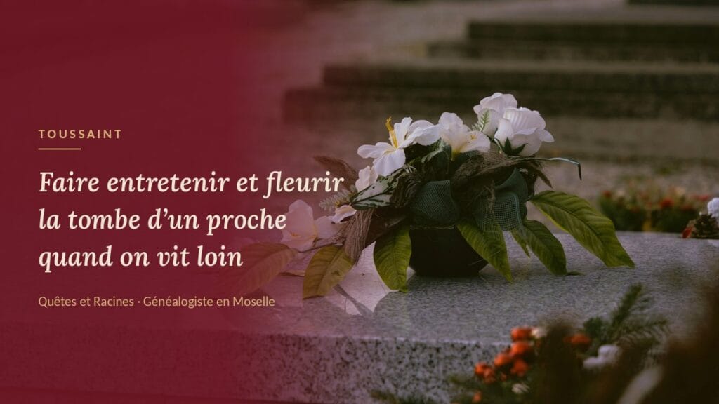 Bouquet de fleurs blanches déposé sur une tombe en granit, entretien de sépulture pour la Toussaint